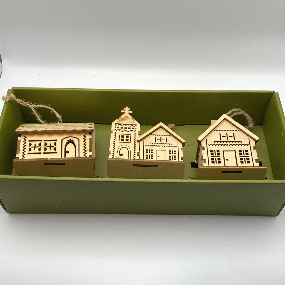 Crate&Barrel Wooden Laser Cut Christmas Village Set - Natural Brown